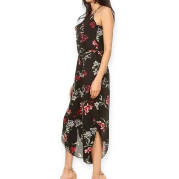 C-MODE BLACK & RED FLORAL PRINT , V-NECK JUMPSUIT WITH ELASTIC WAIST, WRAP LEG D - Picture 3 of 3